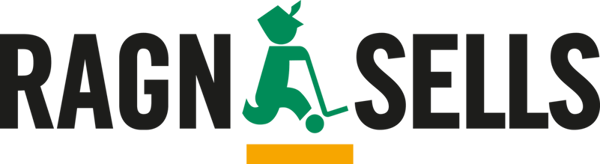 Ragn-Sells logo in colour black text, green man and yellow line