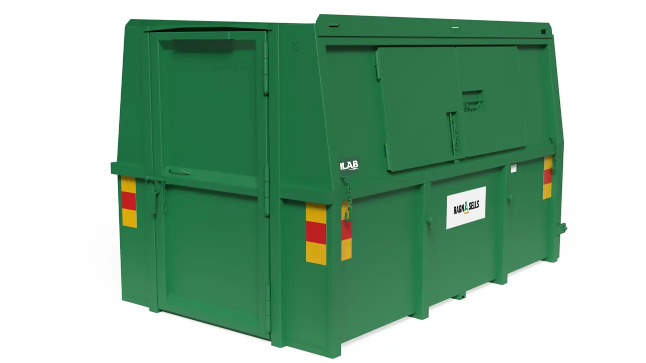 En grön Ragn-Sells container med låsbar lucka för 6 kubikmeter avfall